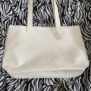 White glitter tote & matching makeup bag